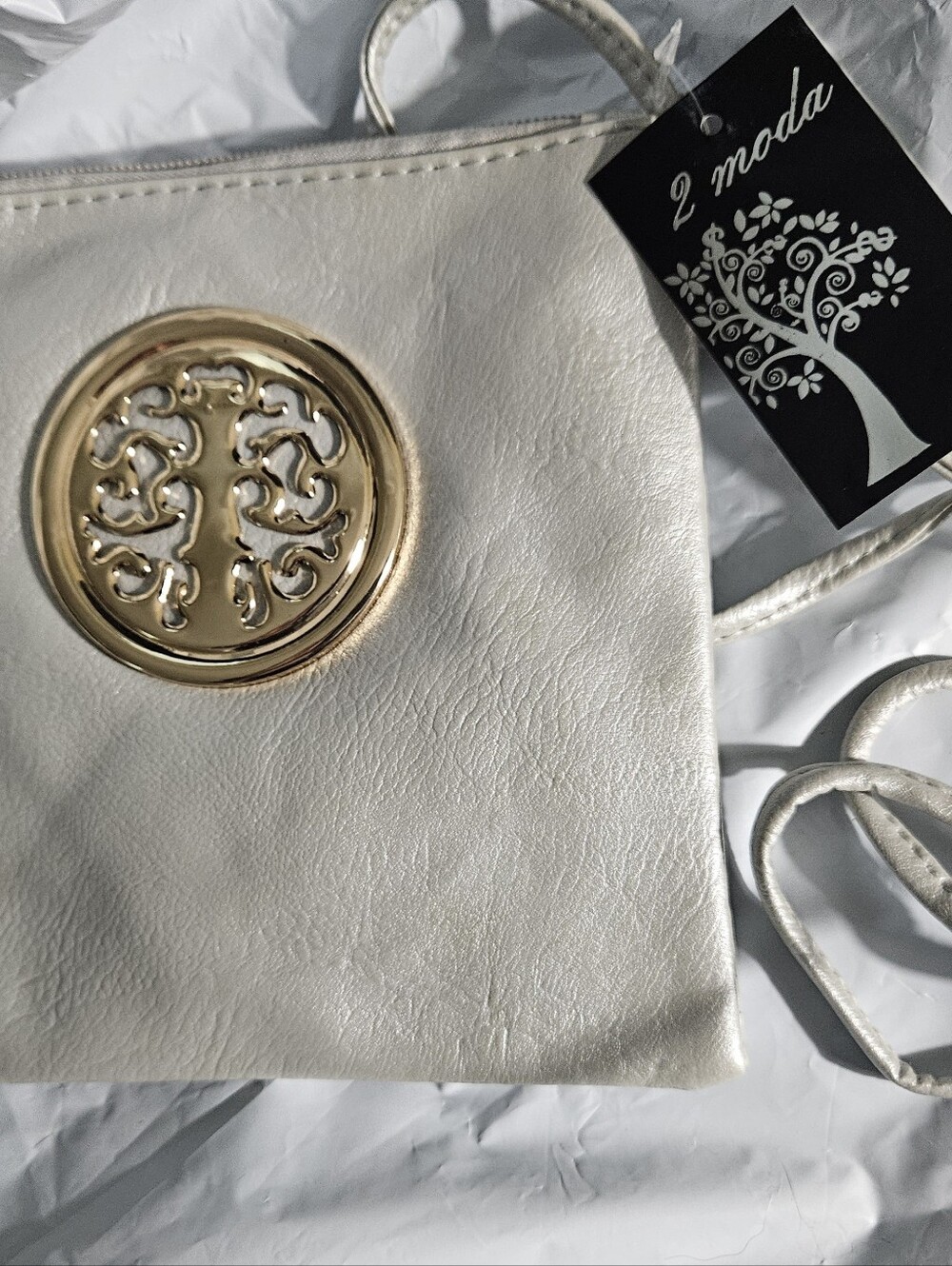 Moda Ivory Crossbody Bag with Gold Medallion